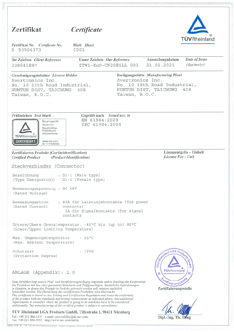 D1 Waterproof Connector TUV Certificate